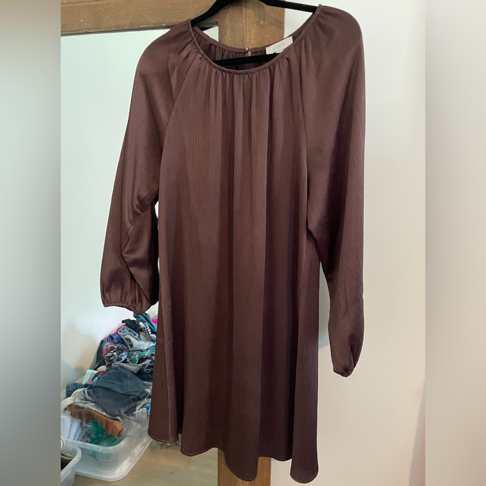 Loft Chocolate Brown Satin-Feel Long Sleeve Dress